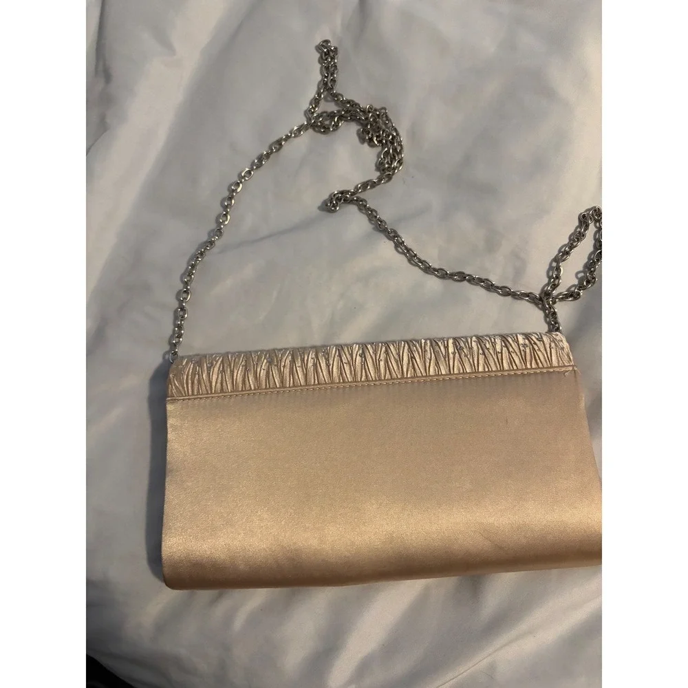 Champagne Satin Pleated Rhinestone Evening Clutch Bag with‎ Chain Strap Womens